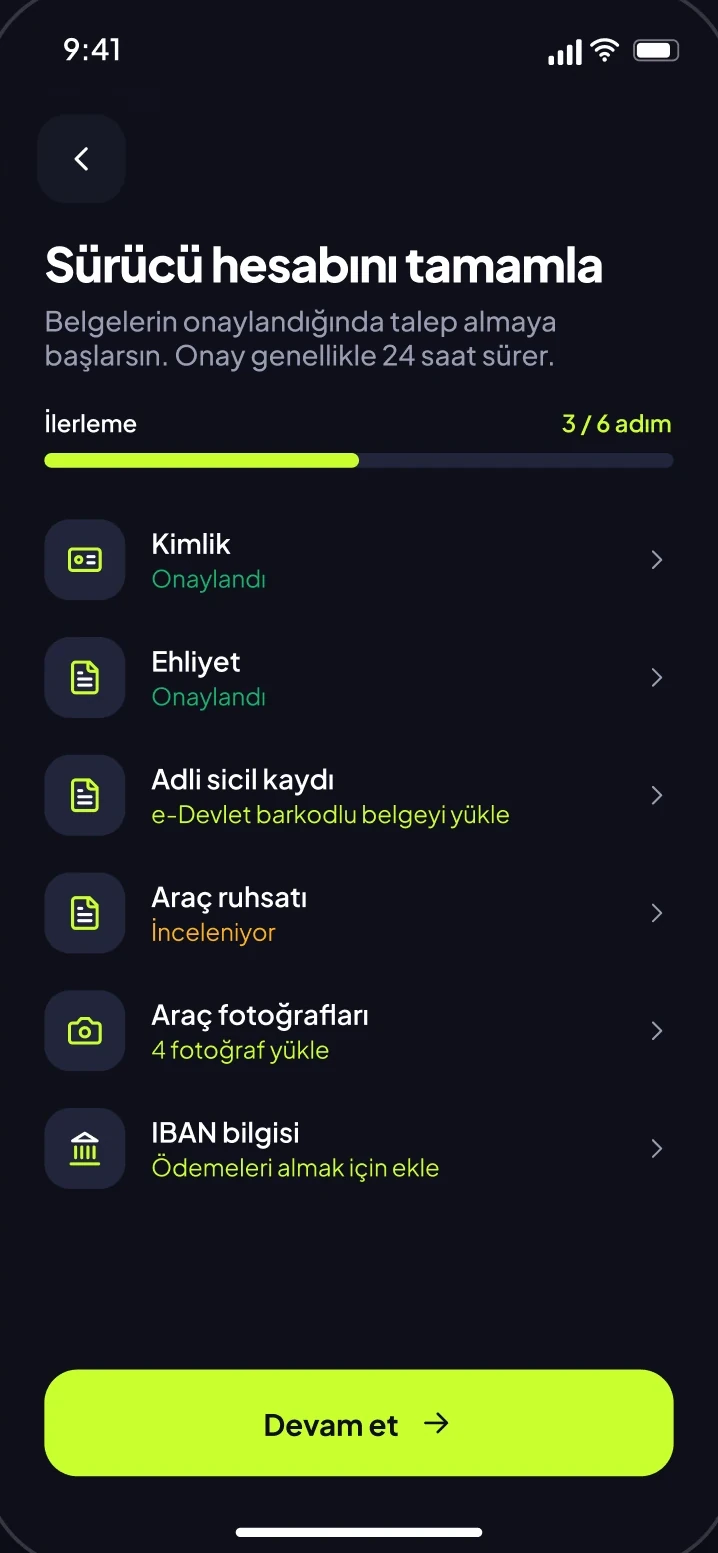 Sürücü hesabını tamamla ekranı