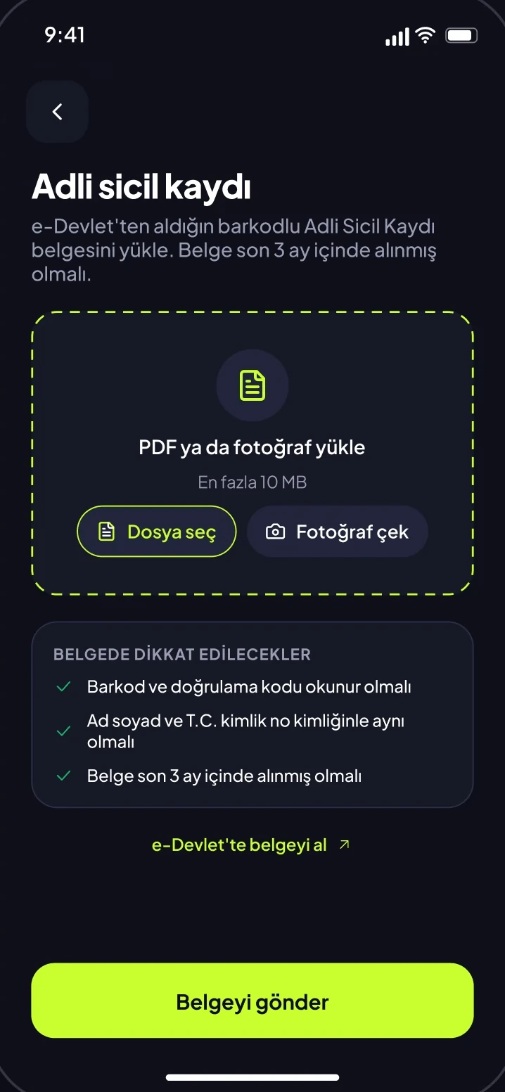 Adli sicil kaydı yükleme ekranı