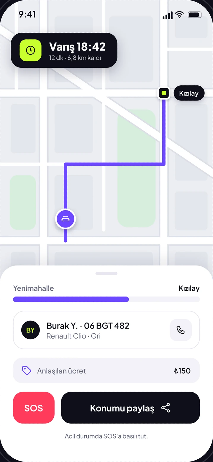 Yolculukta ekranı: SOS ve konumu paylaş düğmeleri